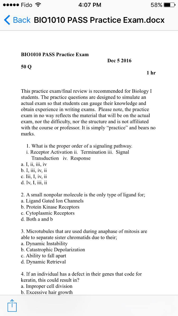 Question: This practice exam/final review is recommended for Biology I students. The practice questions are...
