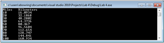 sivisual studio 20101Projects Lab 4 Debug Lab 4.exe Miles Kiloneters 16.093 32.1868 48.2802 64.3736 80.467 96.5604 112.654 128.747 144.841 160.934 40 50 60 80 90 100