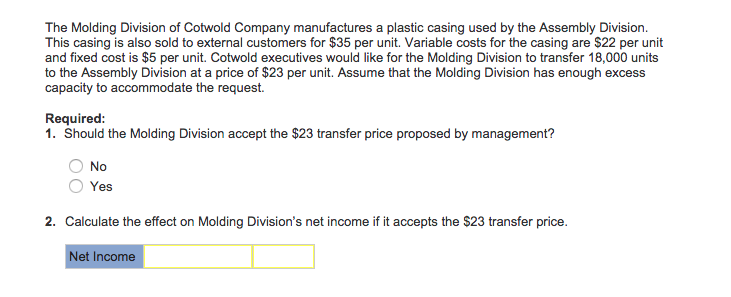 Solved The Molding Division of Cotwold Company manufactures 