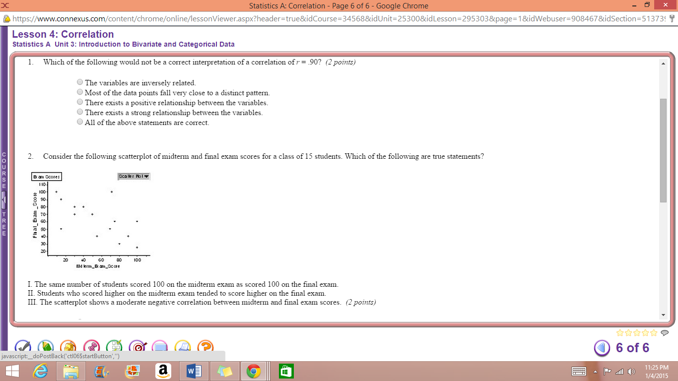 Question: Statistics A: Correlation Page 6 of 6 Google Chrome https/ /content chrome online lessonViewer.as...