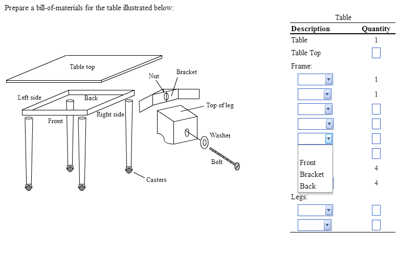 Solved Prepare a bill-of-materials for the table ilustrated 