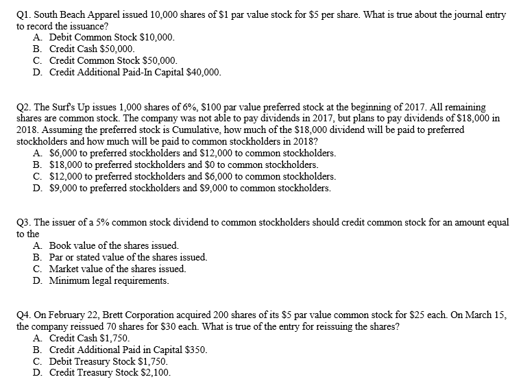 Solved Q1. South Beach Apparel issued 10,000 shares of S1 | Chegg.com