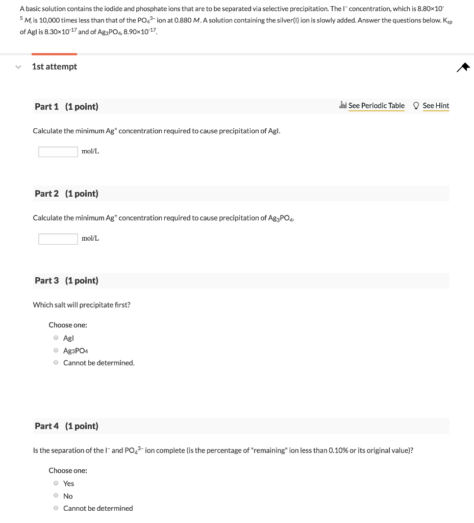 Question: A basic solution contains the iodide and phosphate ions that are to be separated via selective pr...
