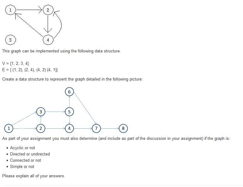 This graph can be implemented using the following data structure. V={1, 2, 3, 4} Create a data structure to represent the graph detailed in the following picture: 6 5 4 8 As part of your assignment you must also determine (and include as part of the discussion in your assignment) if the graph is: Acyclic or not Directed or undirected Connected or not Simple or not Please explain all of your answers