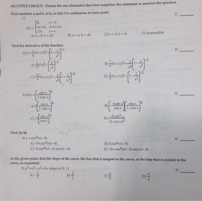 Solved: MULTIPLE CHOICE Choose The One Alternative That Be... | Chegg.com