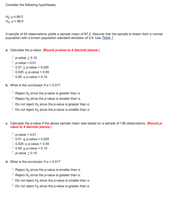 Question: Consider the following hypotheses: H0: Î¼ 66.0 Ha: Î¼ > 66.0 A sample of 54 observations yields a s...