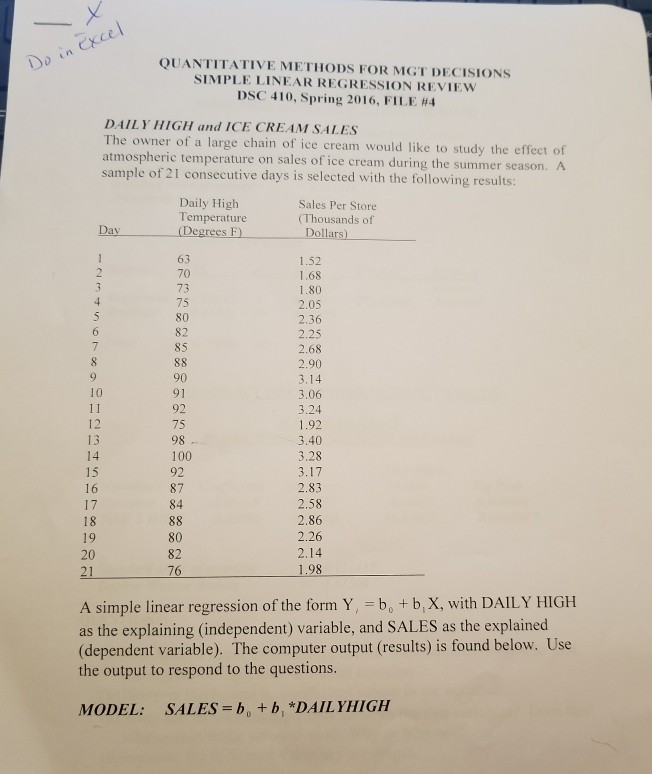 Question: QUANTITATIVE METHODS FOR MGT DECISIONS SIMPLE LINEAR REGRESSION REVIEW DSC 410, Spring 2016, FILE...