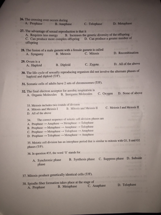 Question: The crossing over occurs during Prophase Anaphase Telophase Metapha.se The advantage of sexual re...