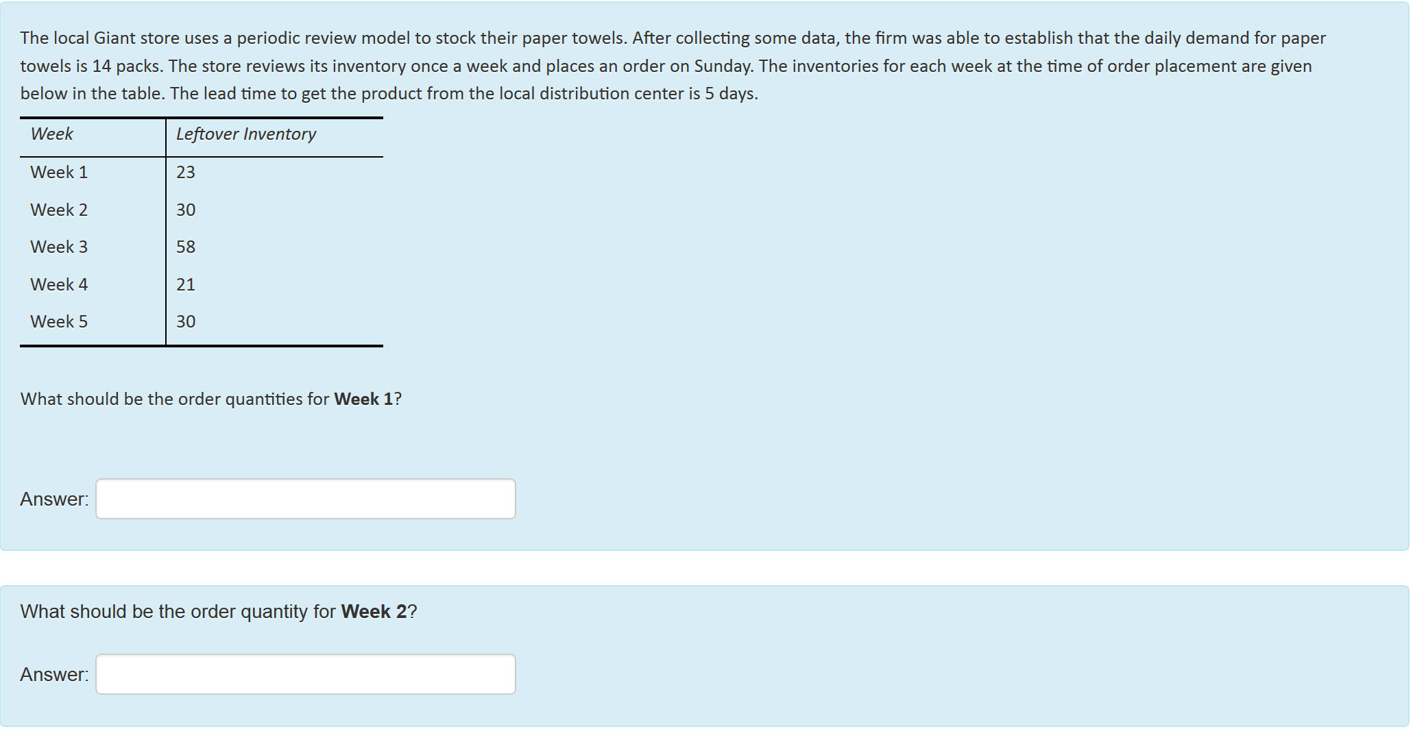 Question: The local Giant store uses a periodic review model to stock their paper towels. After collecting ...