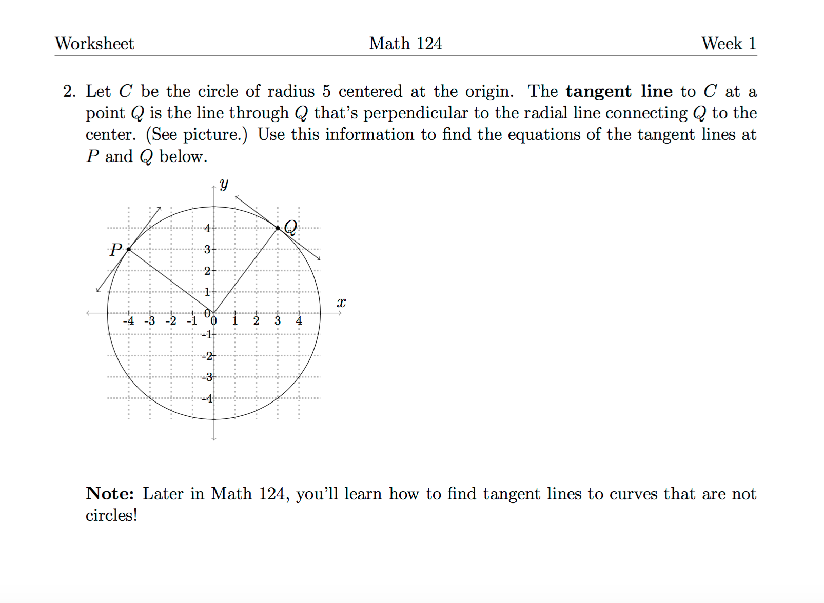 Solved Worksheet Math 124 Week 1 2 Let C Be The Circle O Chegg