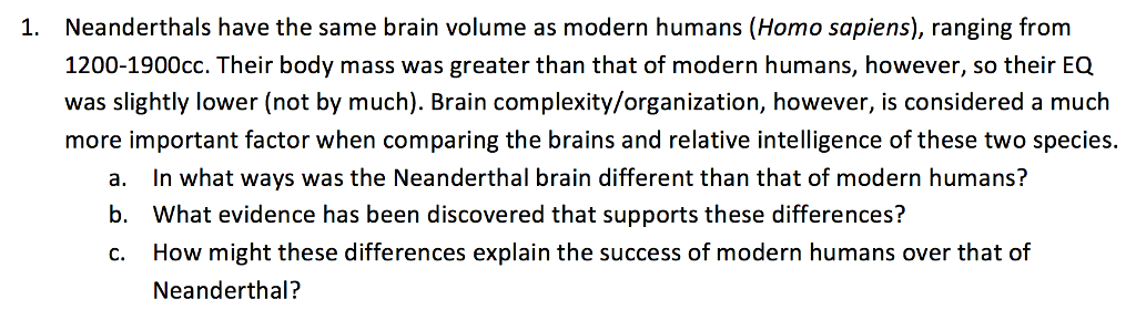 Question: Neanderthals have the same brain volume as modern humans (Homo sapiens), ranging from 1200-1900cc...