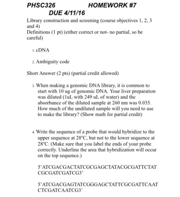 Question: Library construction and screening (course objectives 1. 2, 3 and 4) Definitions ( 1 pt) (either ...