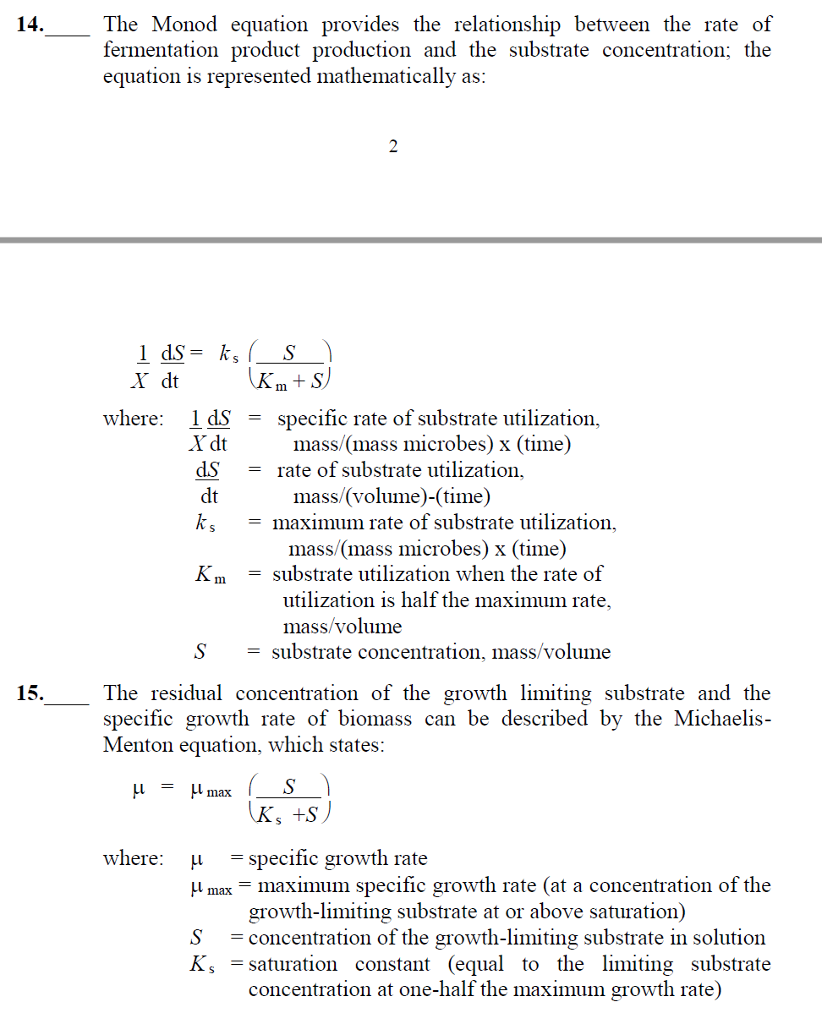 Solved 14. The Monod equation provides the relationship | Chegg.com