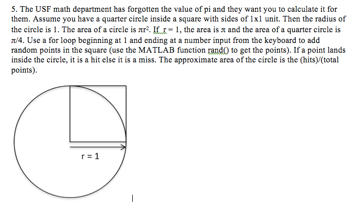 matlab calculate pi given a quarter circle in a square