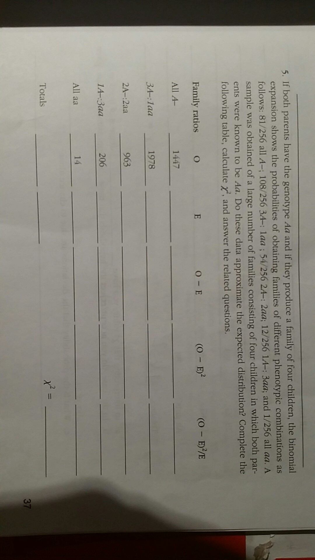 Question: 5. If both parents have the genotype Aa and if they produce a family of four children, the binomi...