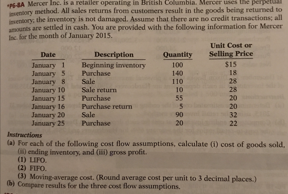 Mercer Inc. is a retailer Columbia. uses the intentory method. All sales returns from customers the goods being returned to inventory; the inventory is not damaged. Assume that there are no credit transactions; all amounts are settled in cash You are provided with the following information for Mercer Inc. for the month of January 2015. Unit Cost or Quantity Selling Price Description Date $15 January 1 Beginning inventory 100 Purchase 140 January 5 Sale 28 110 January 8 28 January 10 Sale return January 15 Purchase 20 January 16 Purchase return January 20 Sale 32 January 25 Purchase 20 22 Instructions (a) For each of the following cost flow assumptions, calculate cost of goods sold, (1) LIFO (2) FIFO (3) Moving average cost. (Round average cost per unit to 3 decimal places.) Compare results for the three cost flow assumptions. 