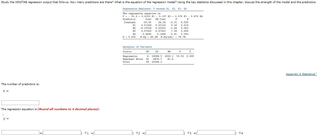 Question: Study the MINITAB regression output that follows. How many predictors are there? What is the equa...