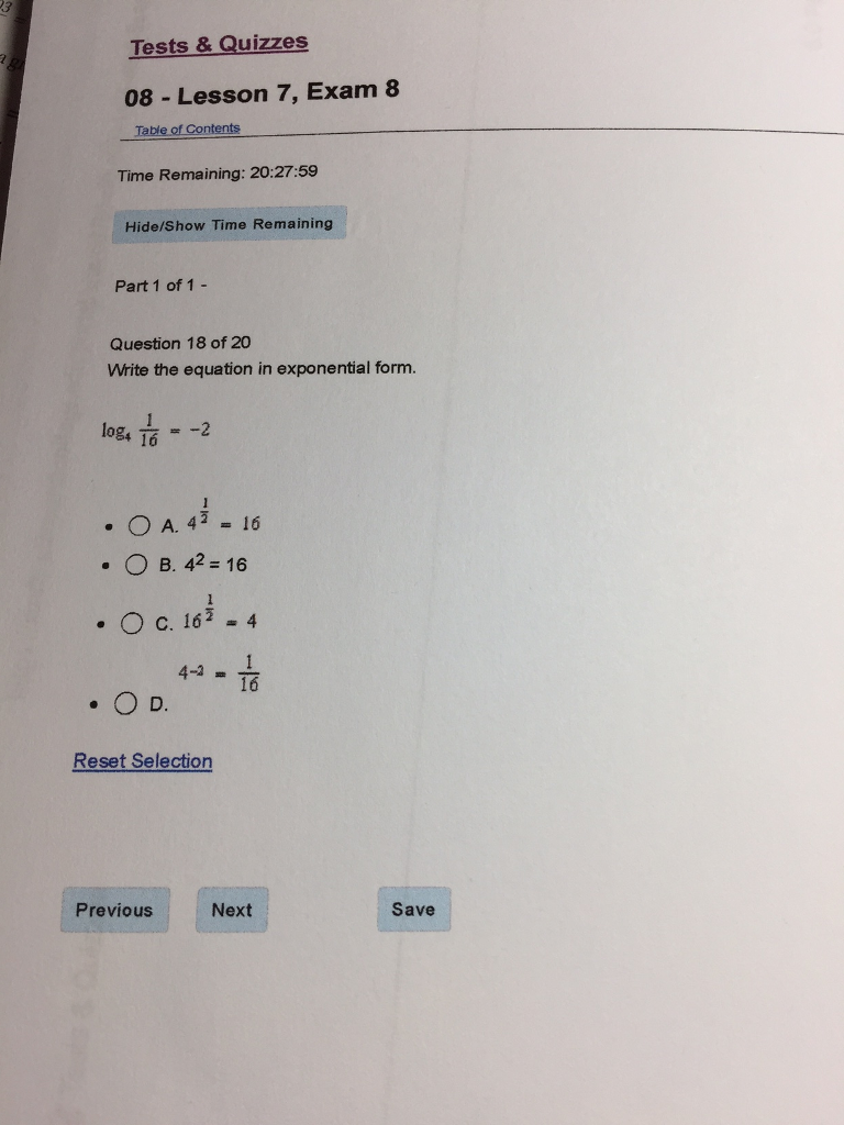 solved write the equation in exponential form log_4 1 16 27 in exponential form
