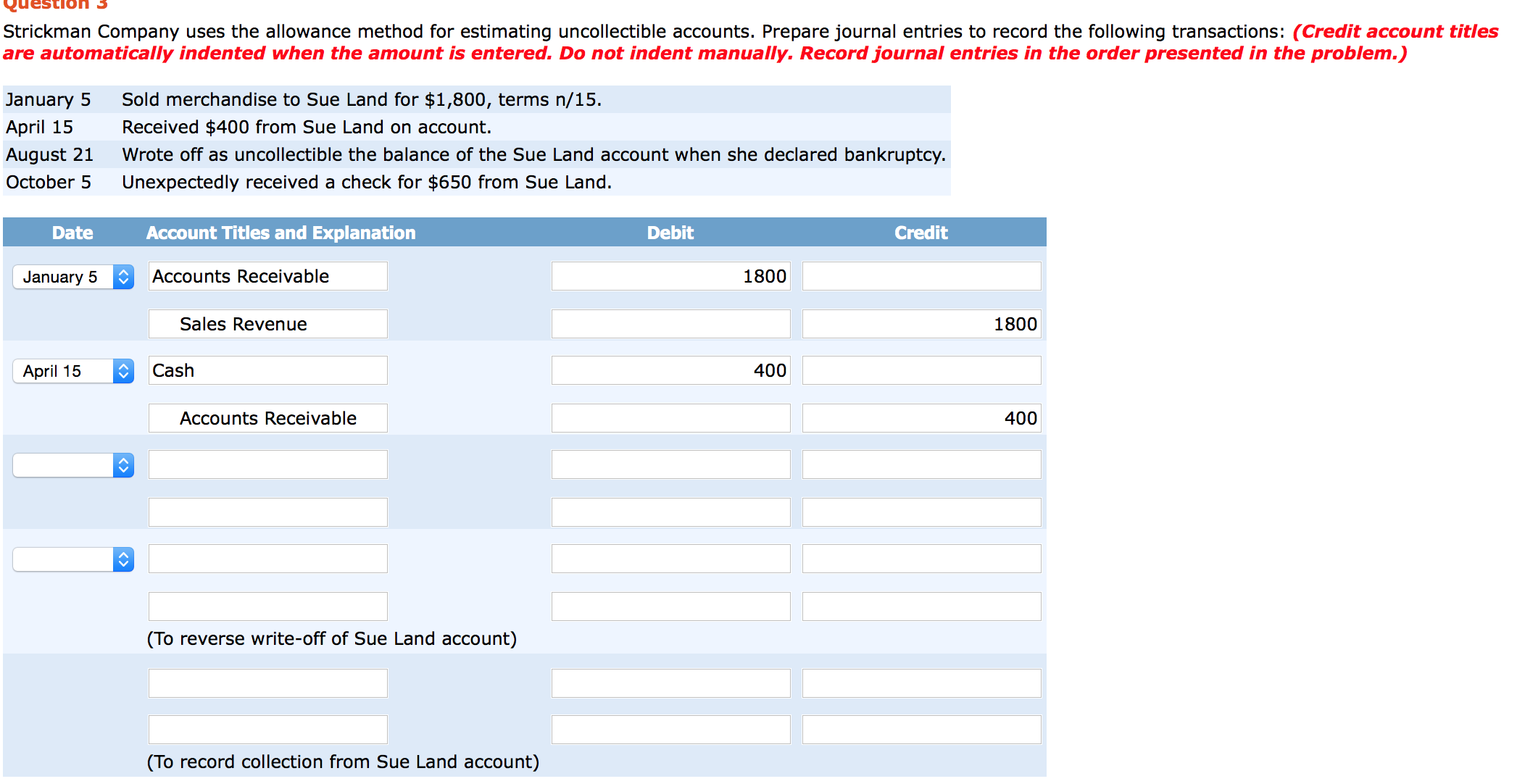 Solved Question 3 Strickman Company uses the allowance | Chegg.com