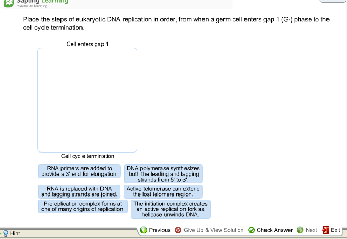 Question: Place the steps of eukaryotic DNA replication in order, from when a germ cell enters gap 1 (G_1) ...