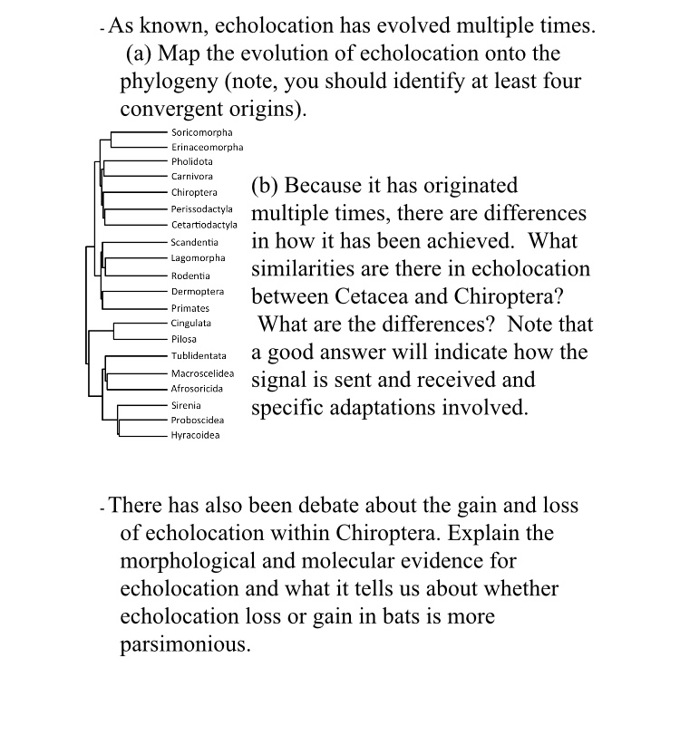 Question: As known, echolocation has evolved multiple times. (a) Map the evolution of echolocation onto the...