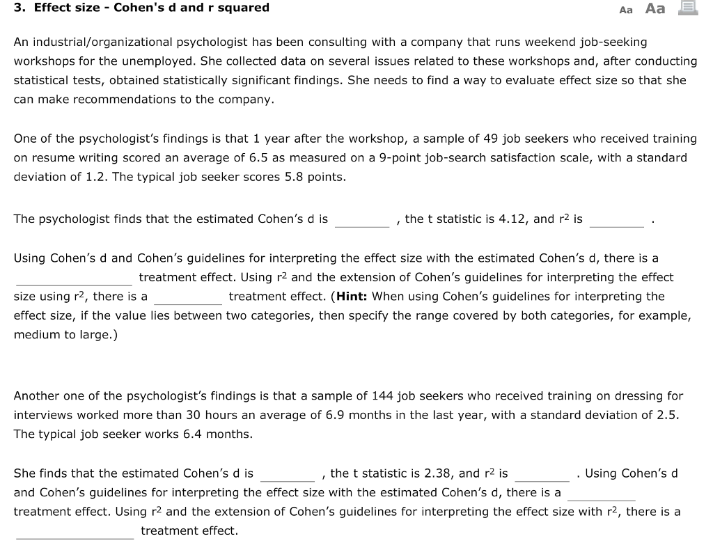 Solved Effect size - cohen&rsquo;s d and r squared Answer choices 