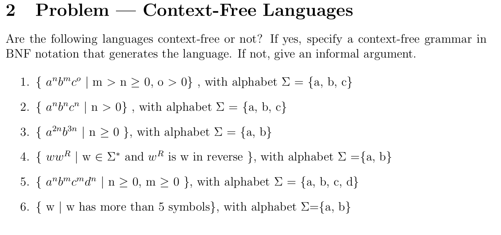 find context free grammars following languages