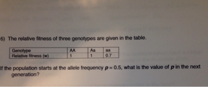 Question: The relative fitness of three genotypes are given in the table.  If the population starts at the ...