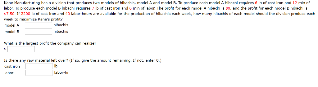 Question: Kane Manufacturing has a division that produces two models ofhibachis, model A and model B. To p...