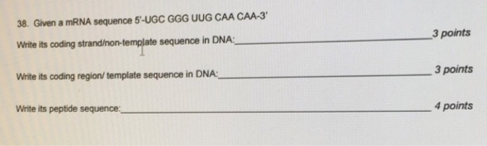 Question: Given a mRNA sequence 5'-UGC GGG UUG CAA CAA-3'  Write its coding strand/non-template sequence in...