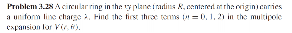 Question: Problem 3.28 A circular ring in the xy plane (radius R, centered at the origin) carries a uniform...
