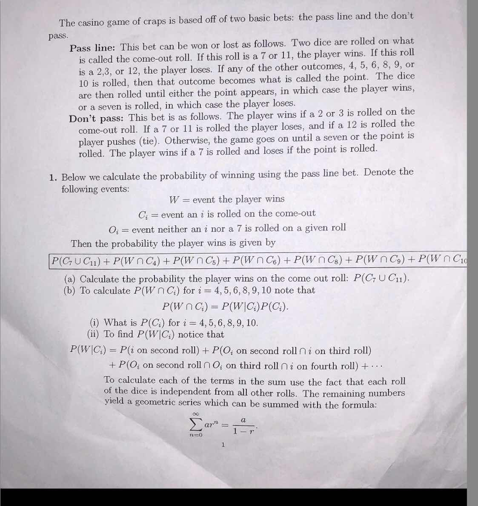 Solved The casino game of craps is based off of two basic | Chegg.com