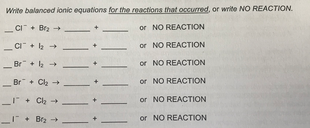 Question: Write balanced ionic equations for the reactions that occurred, or write NO REACTION Ci Br-+12 → ...