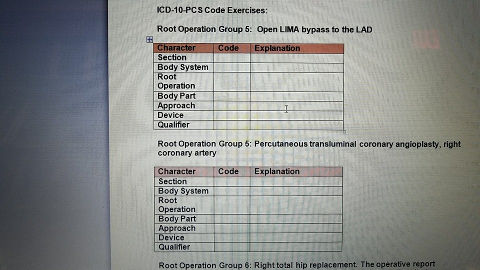 Question: ICD-10-PCS Code Exercises: Root Operation Group 5: Open LIMA bypass to the LAD Character Section ...