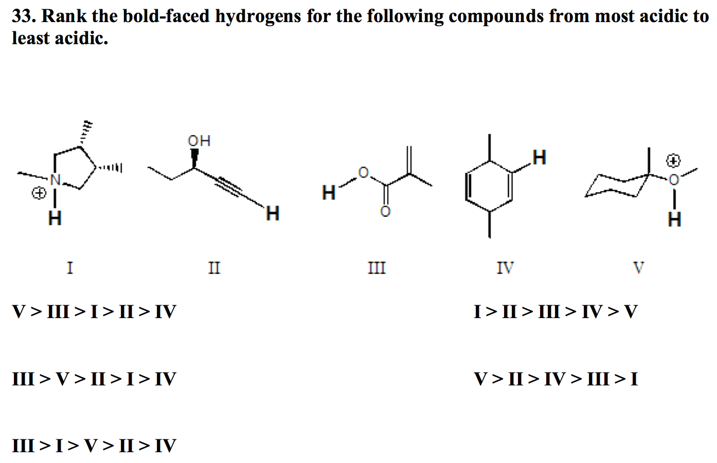 Solved 33. Rank The Boldfaced Hydrogens For The Followin...