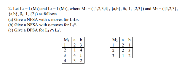 2. Let Li = L(M) and L,-L(M2), where M,-( { 1,2,3,4 }, {a,b), δ1, I , { 2,3 } ) and M,-( { 1 ,2,3 } , ta,b), δ2, 1, {2} ) as follows. (a) Give a NFSA with ε-moves for LL2. (b) Give a NFSA with &-moves for Li (c) Give a DFSA for LinL2. 1 21 2 23 1 23 2 1 4 3 41 4 32