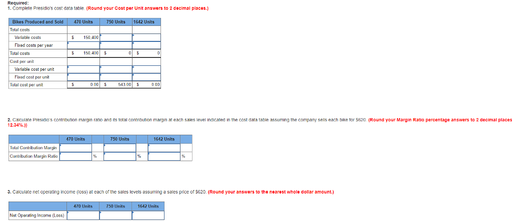 Required 1. Complete Presidios cost data table. (Round your Cost per Unit answers to 2 decimal places.) Bikes and 470 Units Units 1642 Units Total costs Variable costs $ 150,400 Fixed costs per year Total costs 5 150 400 Cosl per unit Variable cost per unt Fixed cost per unit Total cost per unit 0.00 54300 0.00 2. Calculate Presidios contribution margin ratio and its total contribution margin at each sales level indicated in the cost data table assuming the company sells each bike tor 5620 (Round your Margin Ratio percentage answers to 2 decimal places 12.34%.)) 470 Units 750 Units 1642 Units Tolal Contribution Margin Contribution Margin Ratio 3. Calculate net operating income (loss) at each of the sales levels assuming a sales price of 3620. (Round your answers to the nearest whole dollar amount.) 470 Units 750 Units1 1642 Units Net Operating Income (Loss) 