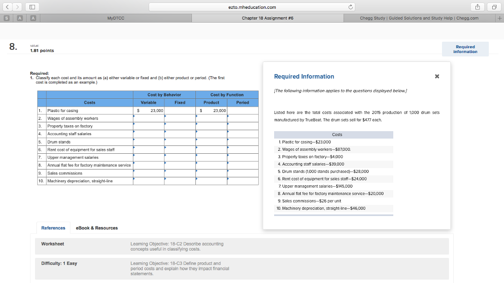 ezto.mheducation.com 西 MyDTCC Chapter 18 Assignment #6 Chegg Study | Guided Solutions and Study Help | Chegg.com 8 Required 1.81 points 1. Classify each cost and its amount as (a) either variable or fixed and (b) either product or period. (The firs Required Information cost is mpleted as an example.) The following information applies to the questions displayed below Cost by Behavior Cost by Function Costs Variable Fixed Product Period Plastic for casing S 23,000 23,000 Listed here are the total costs associated with the 2015 produczion of 1,000 drum sets manutactured by TrueBeat. The drum sets sell for $477 each 2. Wages of assembly workers 3. Property taxes on factory Accounting staff salaries Costs 1. Plastic for casing-$23.000 2. Wages of assembly workers-$87000 3. Property taxes on factory-$4.000 4. Accounting statt salaries-$39,000 5. Drum stands (1000 stands purchased)-$28,000 6. Rent cost of equipment for sales star-$24.000 5. Drum stands Rent cost of equipment for sales staf 7. Upper management salaries 8. Annual flat fee for factory maintenance service 9. Sales commissions Upper management salaries-5145.000 8. Annual tlat tee tor factory maintenance service $20,000 9. Sales commissions-$26 per unit o. Machinery depreciation, straight-line S46,000 References eBook & Resources Worksheet Learning Objective: 18-C2 Describe accounting concepts useful in classifying costs. Difficulty: 1 Easy Leaming Objective: 18-C3 Define product and period costs and explain how they impact financial 