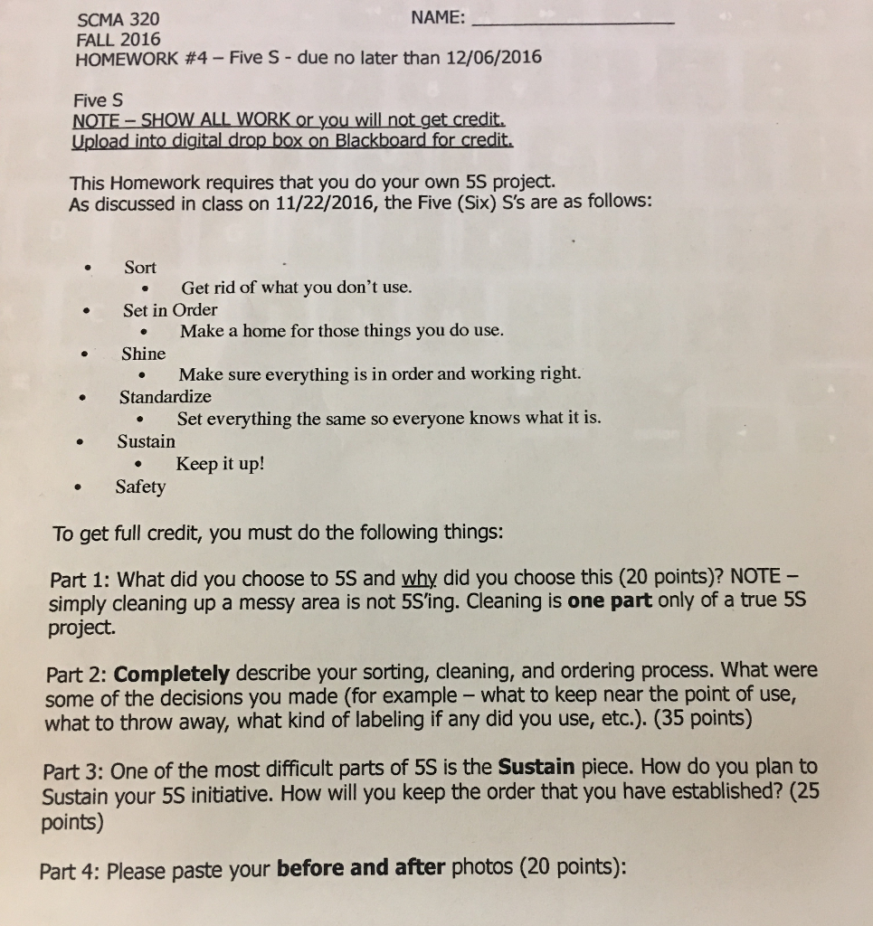 This Homework requires that you do your own 5S | Chegg.com