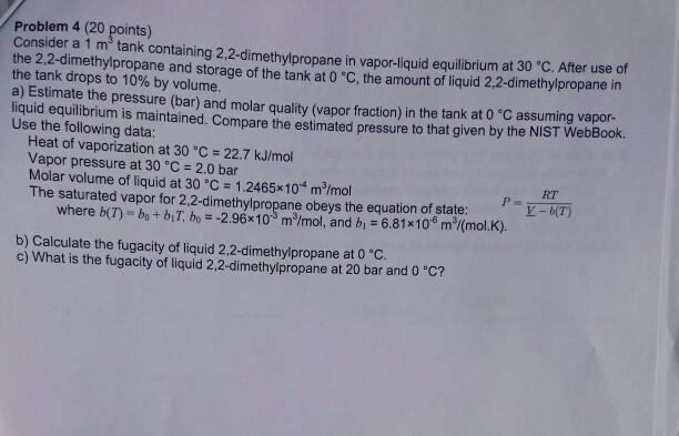 Question: Problem 4 (20 points) Consider a 1 m tank containing 2,2-dimethylpropane in vapor-liquid equilibr...
