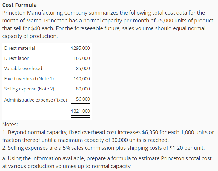 Solved Cost Formula Princeton Manufacturing Company Summa...