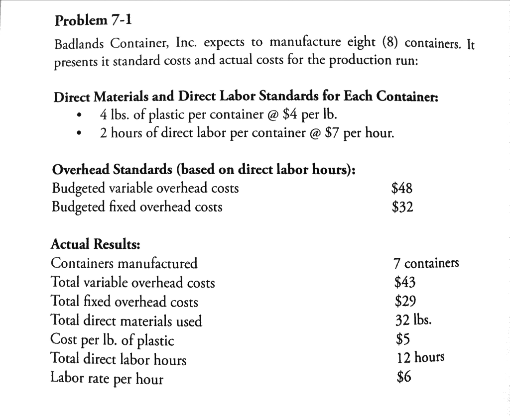 Question: Problem 7-1 Badlands Container, Inc. expects to manufacture eight (8) containers. It presents it ...