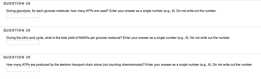Question: QUESTION 28 During glycolysis, for each glucose molecule, how many ATPs are used? Enter your answ...