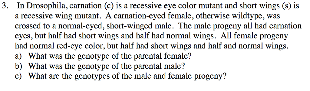 Question: In Drosophila, carnation (c) is a recessive eye color mutant and short wings (s) is a recessive w...
