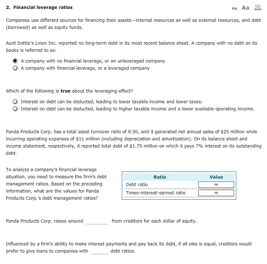 Solved 2. Financial leverage ratios Aa Aa Companies use | Chegg.com