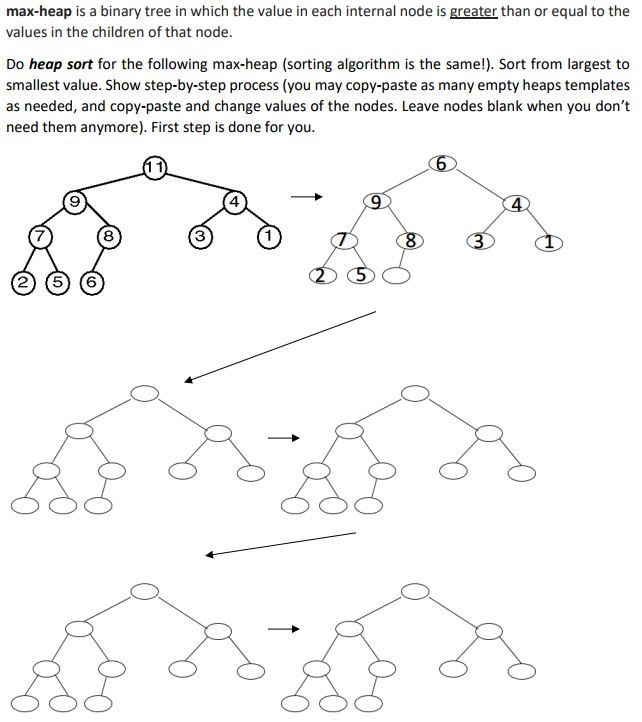 max-heap is a binary tree in which the value in each internal node is greater than or equal to the values in the children of that node. Do heap sort for the following max-heap (sorting algorithm is the same!). Sort from largest to smallest value. Show step-by-step process (you may copy-paste as many empty heaps templates as needed, and copy-paste and change values of the nodes. Leave nodes blank when you dont need them anymore). First step is done for you 9 4 7 8 3