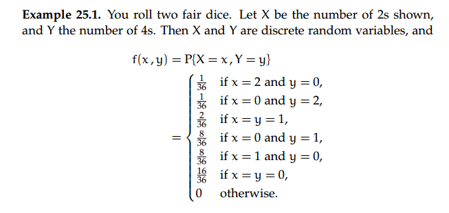 Question: Example 25.1. You roll two fair dice. Let X be the number of 2s shown and Y the number of 4s. The...