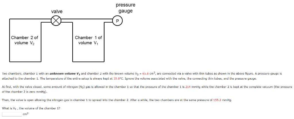 Question: Pressure gauge valve Chamber 2 of volume V2 Chamber 1 of volume V T o chambers, chamber 1 with an...