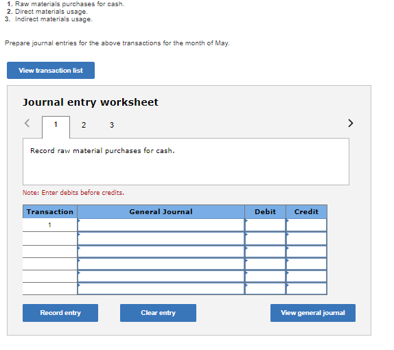 Question: 1. Direct labor usage Prepare journal entries for the above transactions for the month of May. Vi...