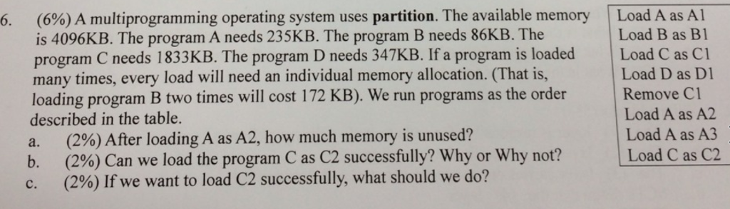 6. (6%) A multiprogramming operating system uses partition. The available memory Load A as Al is 4096KB. The program A needs 235KB. The program B needs 86KB. The Load B as B1 program C needs 1833KB. The program D needs 347KB. If a program is loaded Load C as Ci many times, every load will need an individual memory allocation. (That is, Load D as Di loading program B two times will cost 172 KB). We run programs as the order Remove Ci described in the table. Load A as A2 a. (2%) After loading A as A2, how much memory is unused? Load A as A3 b. (2%) Can we load the program C as C2 successfully? Why or Why not? Load C as C2 c. (2%) If we want to load c2 successfully, what should we do?